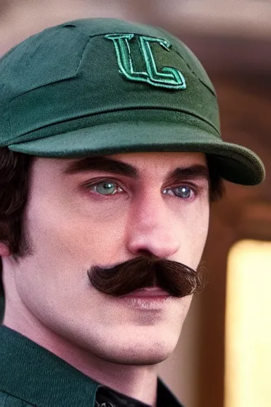 Image similar to very very intricate photorealistic photo of a realistic human version of luigi wearing his hat in an episode of game of thrones, photo is in focus with detailed atmospheric lighting, award - winning details