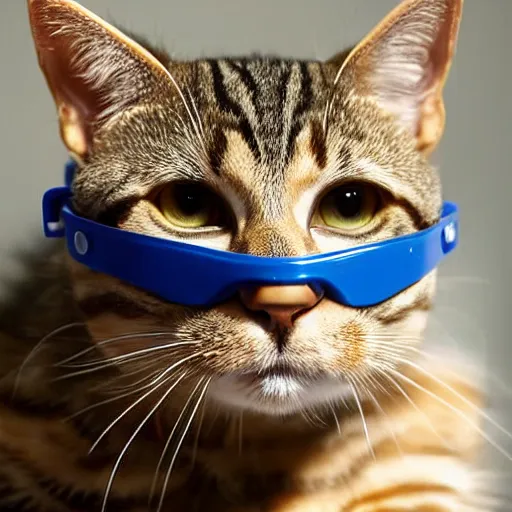 Prompt: a tabby cat wearing a medical mask and goggles