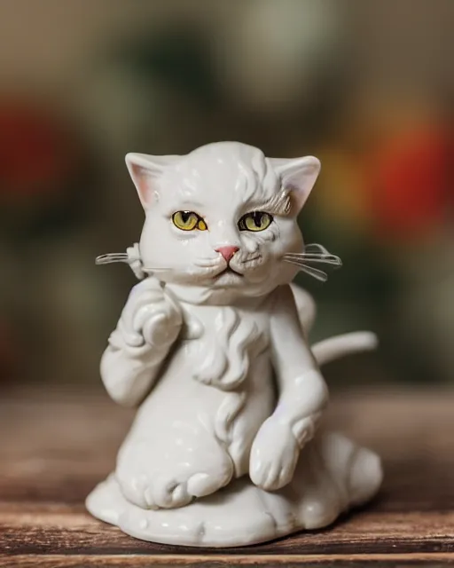 Image similar to high quality presentation photo of a a detailed porcelain figurine of a cute cat dressed as Napoleon holding a piece of chesse, photography 4k, f1.8 anamorphic, bokeh, 4k, Canon, Nikon