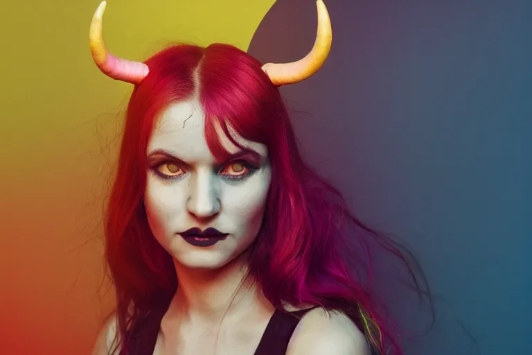 Image similar to pretty demon girl with horns photograph in the style of clemens ascher, colorful, realistic, 8 k