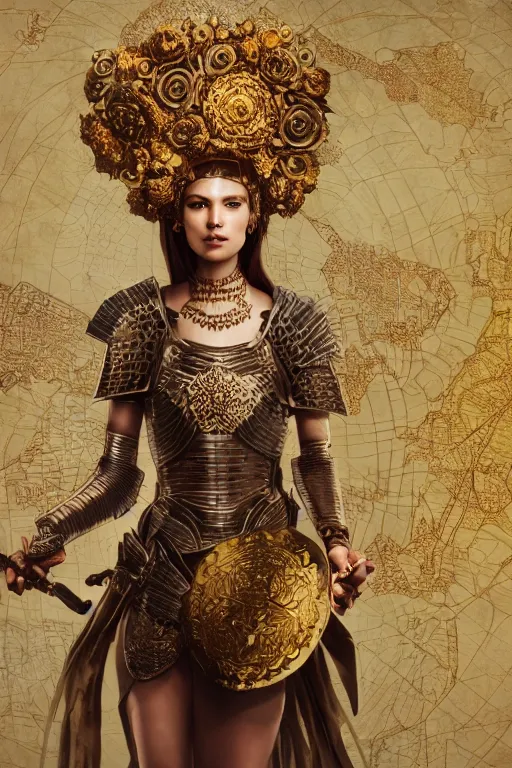 Image similar to hyperdetailed matte illustration of a female knight wearing an ornate gold headpiece and holding a flower with a map of the collective subconscious in the background by octane render