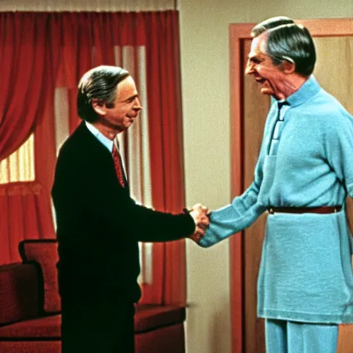 Prompt: mr. rogers welcoming emperor palpatine into his home, color tv screen 1 9 7 0 s