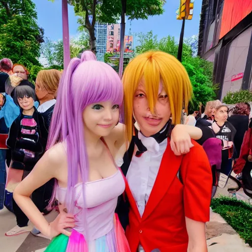 Image similar to a colorful highly detailed photograph of a real people standing next to an anime character from hello! lady lynn