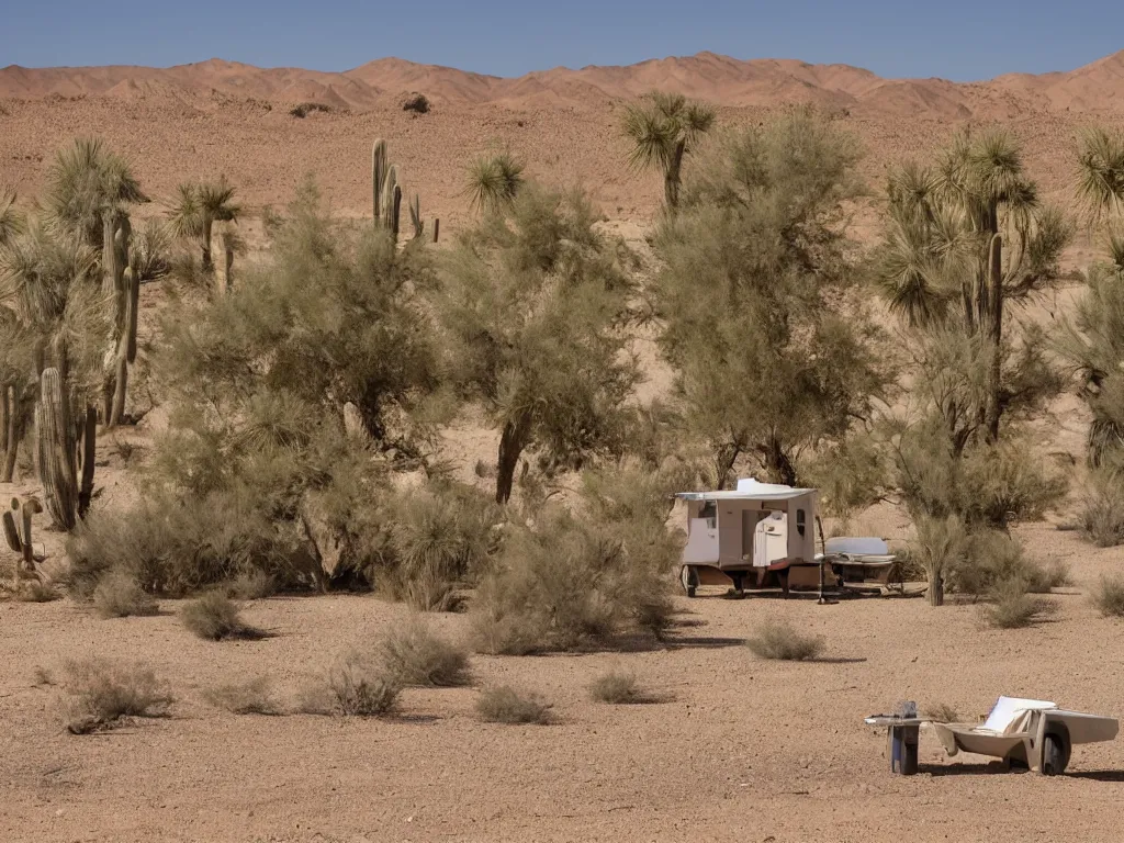 Image similar to Trailer park landscape in the desert near the oasis in style of Alison Elizabeth Taylor