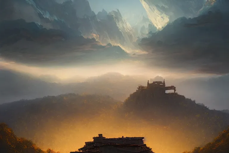 Prompt: cinematic lighting fantasy painting, an ancient land, sunset and ominous shadows over the kingdom, valleys and farmland and villages, brutalist cement japanese castle, garden of eden by jessica rossier
