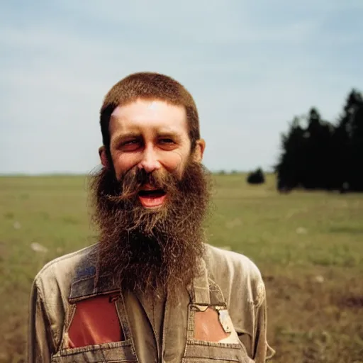 Image similar to far view, extremely skinny malnourished kremlin dictator with long beard, wearing dirty overalls, dirty greasy face, grin, portrait, close up, kodak gold 2 0 0, 5 0 mm,