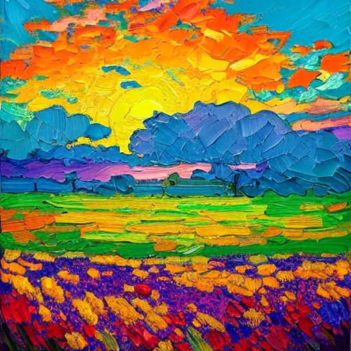 Image similar to a painting of a sunset over a field of flowers, an oil painting by erin hanson, deviantart, american impressionism, rich color palette, impressionism, fauvism