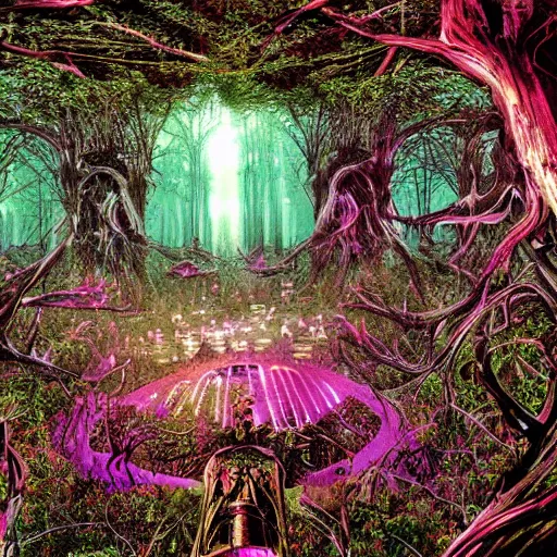 Prompt: a cybernetic forest all watched over by machines of loving grace
