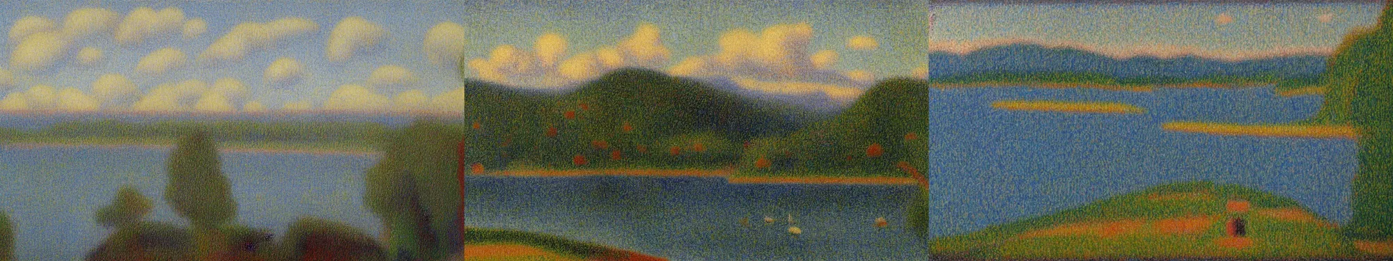 Prompt: lakeside mountains, by seurat