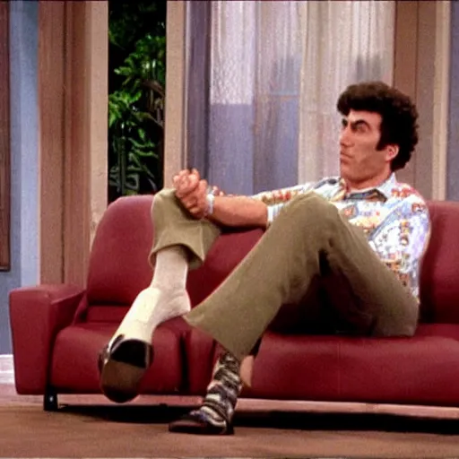 Image similar to still from the episode of the tv show seinfeld where cosmo kramer is just legs