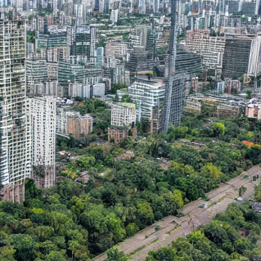 Prompt: helicopter view of nonexistant city with decrepit highrises overgrown with plants