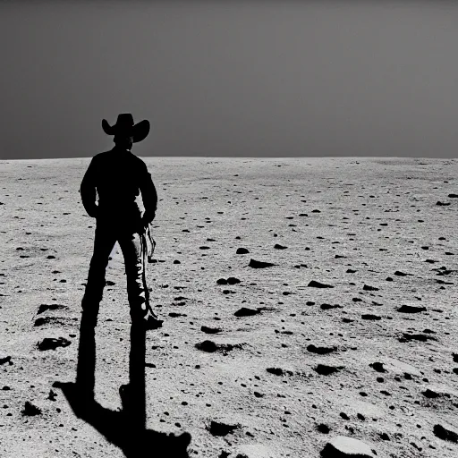 Image similar to a cowboy standing on the surface of the moon, 5 0 mm