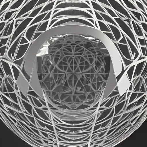 Image similar to : sphere sculpture covered with white maze pattern,hyper detailed art station  parabolic lighting contest winners unrealengine trending on artstation,cinematic, hyper realism, high detail, octane render, 8k