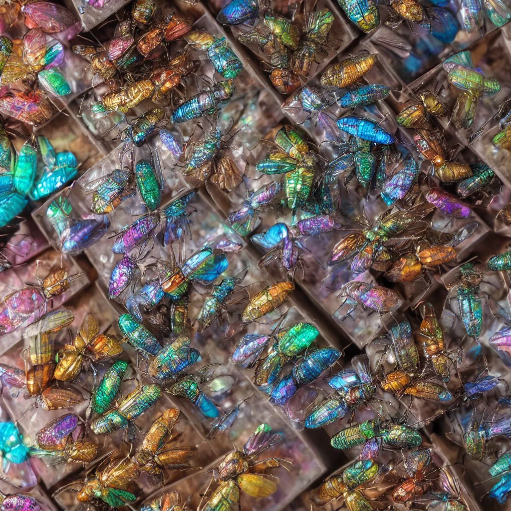 Image similar to a small collection of iridescent insects, inside boxes with newspaper. top down photo, close macro photo. studio photo, 8k