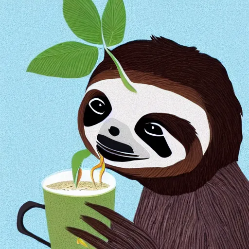 Image similar to photograph of a sloth drinking coffee, colorful, Epic, detailed, funny,