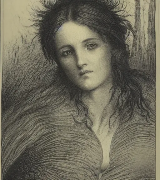 Image similar to black and white, portrait of a woman face in forest, extreme close-up, Gustave Dore lithography