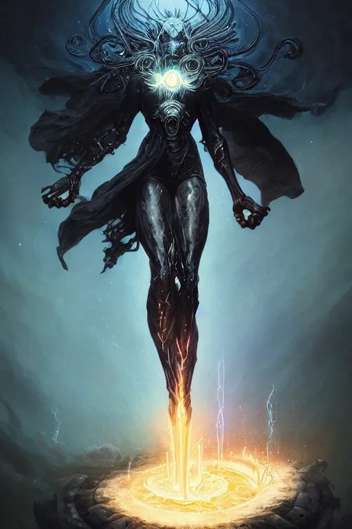 Prompt: Goddess of Black Lightning, digital art, fantasy, magic, trending on artstation, illustration by Seb McKinnon and Peter Mohrbacher, ultra detailed, atmospheric, powerful presence, bossfight, darksouls, grand finale, explosive entrance, final battle, cutscene, cinematic lighting, beautiful goddess, unleashing the power of the flame, burning pulse, close-up