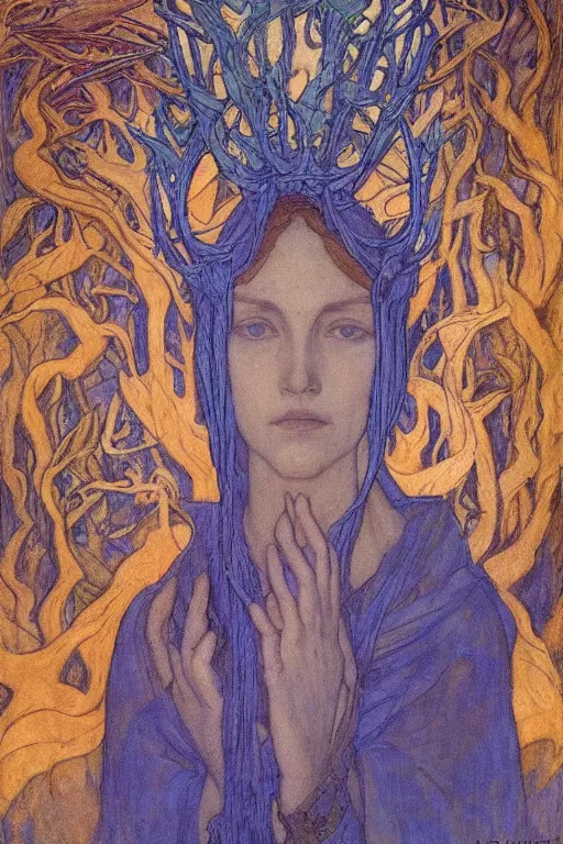 Prompt: queen of the last forest, by Annie Swynnerton and Nicholas Roerich and jean delville, strong dramatic cinematic lighting , ornate headdress , flowing robes, lost civilizations, smooth, sharp focus, extremely detailed