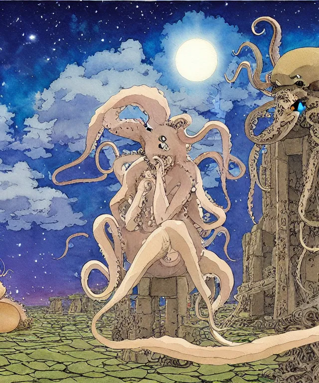 Prompt: a hyperrealist studio ghibli watercolor fantasy concept art. in the foreground is a giant long haired grey octopus sitting in lotus position on top of stonehenge with shooting stars all over the sky in the background. by rebecca guay, michael kaluta, charles vess