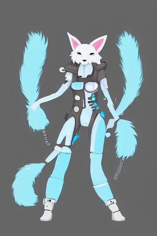 Prompt: a cute cyberpunk anthropomorphic fox with light blue fur and a fluffy tail, comic art, trending on furaffinity, cartoon, kawaii, backlighting, furry art!!!, cel shading, concept art, lineless