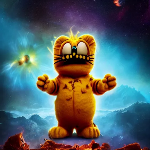 Image similar to one scary garfield in space, galaxy, hd, 8 k, explosions, gunfire, lasers, giant, epic, realistic photo, unreal engine, stars, prophecy, powerful, cinematic lighting, destroyed planet, debris, movie poster, violent, sinister, ray tracing, dynamic, print, epic composition, dark, lasagna, horrific