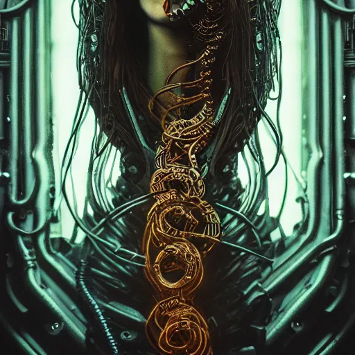 Image similar to Cyberpunk medusa, dark atmosphere, cinematic shot, intricate, ornate, photorealistic, ultra detailed, realistic, 35mm, photography, neon, octane, high definition, depth of field, bokeh, 8k, artstation, ((alphonse mucha)), (hr giger)