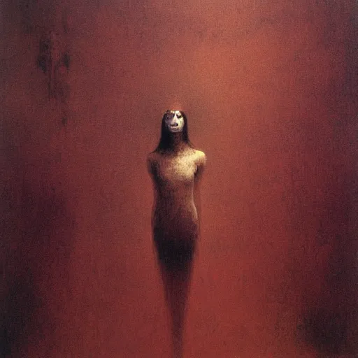 Prompt: young female with raven head by Beksinski