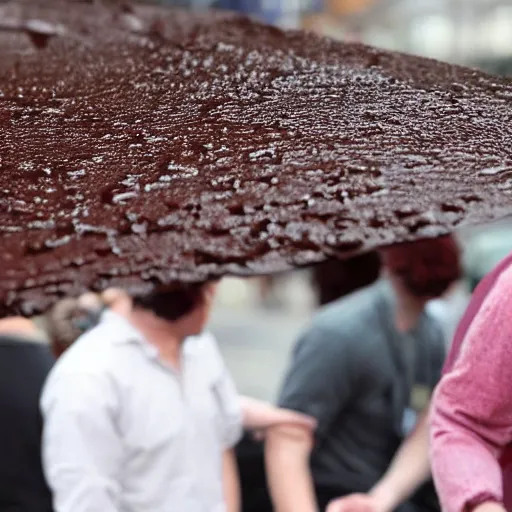 Prompt: people on street get sink on chocolate liquid rain, flooded with chocolate