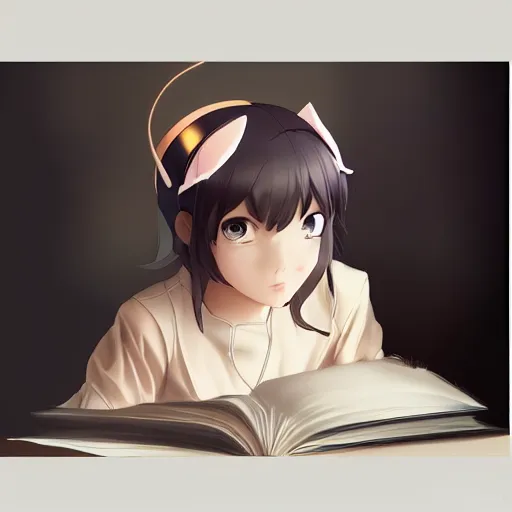 Prompt: Girl with cat ears studying from a textbook, by WLOP, by Artgerm, by Makoto Shinkai, digital art, trending on artstation, anime style, beautiful lightning, atmospheric