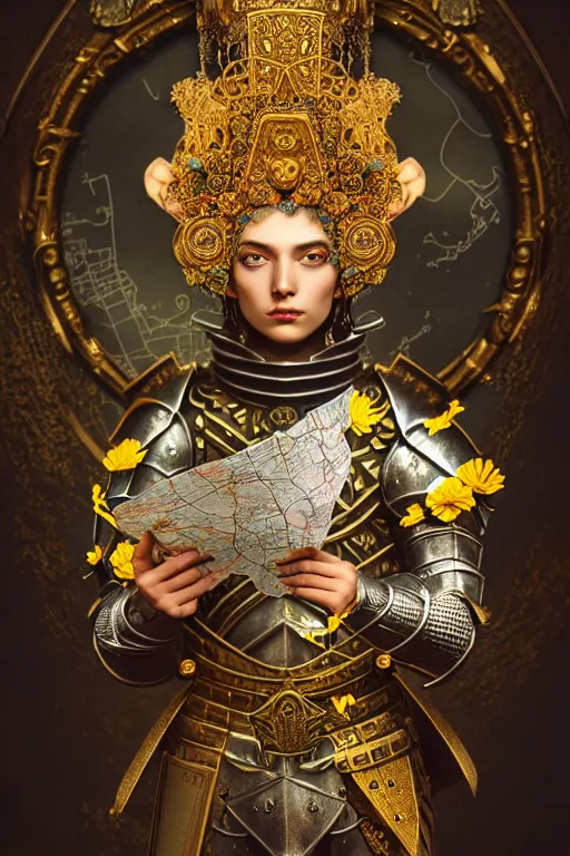 Image similar to hyperdetailed matte illustration of a knight wearing an ornate gold headpiece and holding a flower with a map of the collective subconscious in the background by octane render