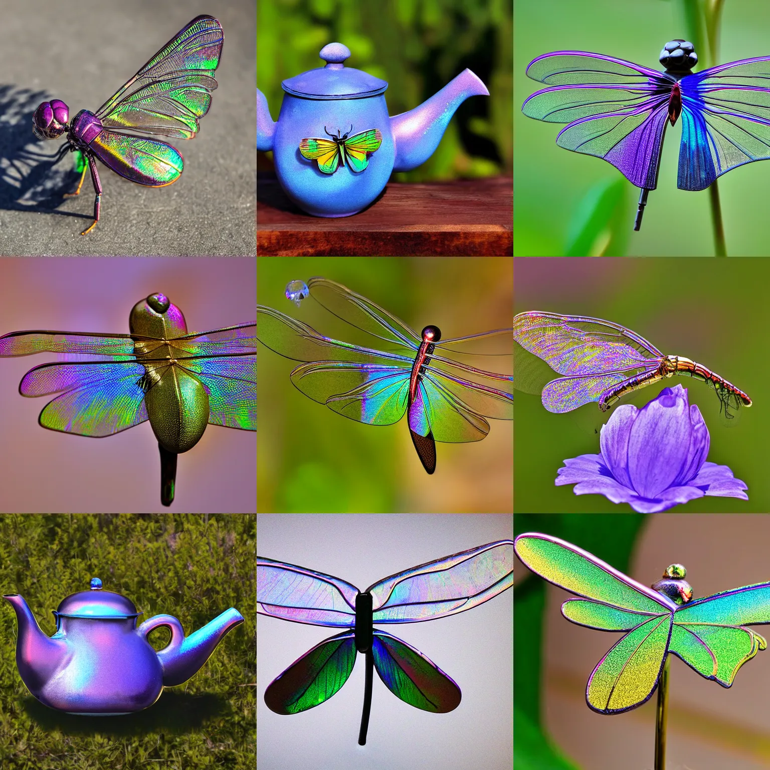 Prompt: wide-angled Nature photo of a teapot-like flying teapot-Dragonfly with iridescent gossamer wings, handle and spout