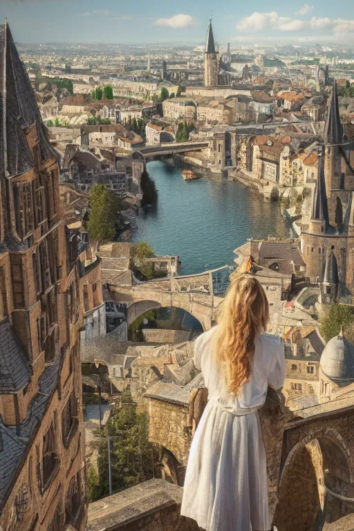 Prompt: a beautiful picture of overlook of medieval city, a girl stands on top of a bridge, detailed, 8 k