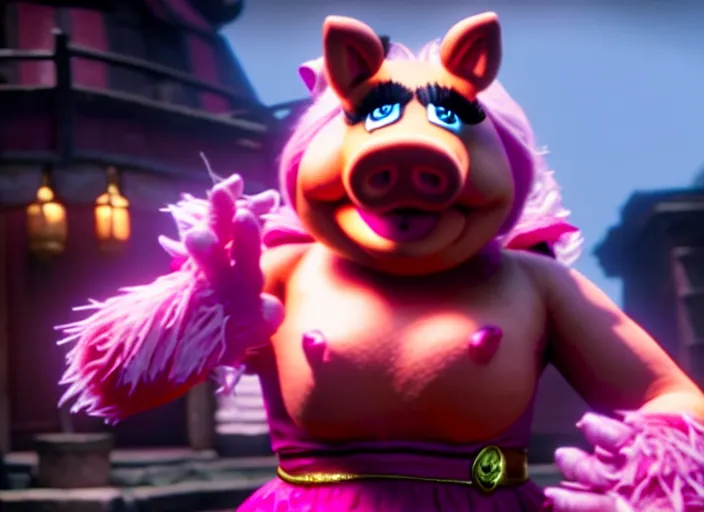 Image similar to miss piggy in mortal kombat 1 1, ps 5 cinematic screen capture, 4 k