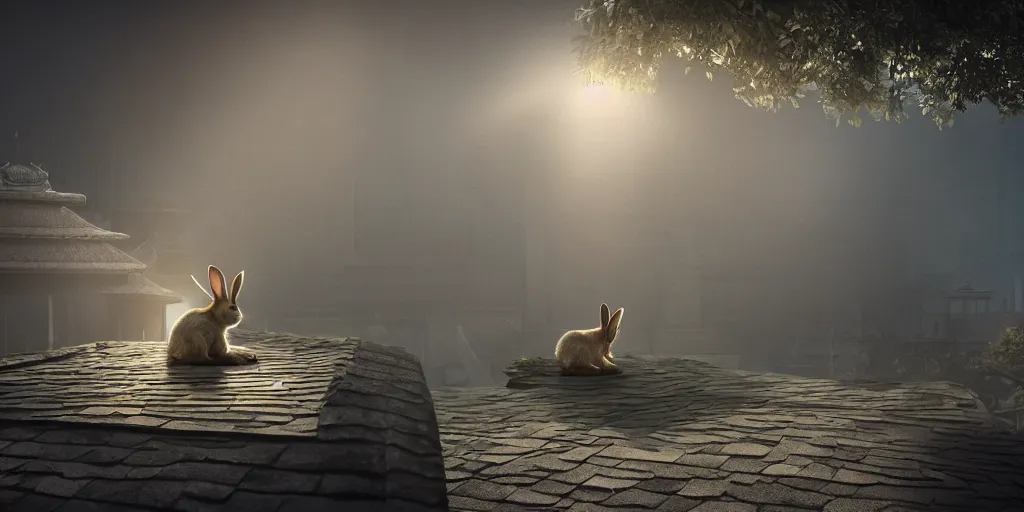 Image similar to A rabbit sits on the roof of a temple, close-up, light through the mist, dramatic lighting, photorealistic, cinematic lighting, high detail, cinematic feel, high octane, 4K, Unreal Engine, digital render, intricate, ultra realistic, concept art