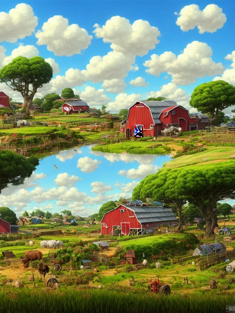 Image similar to wide view of a farm ,nice clouds, godray, fantasy, intricate, richly detailed colored 3D illustration of a beautiful ornated happy farm with background with completely rendered reflections, art by Range Murata and Artgerm highly detailed, digital painting, trending on artstation, sharp focus, D&D, illustration, style of Stanley Artgerm, perfect smile vogue, awards, model,
