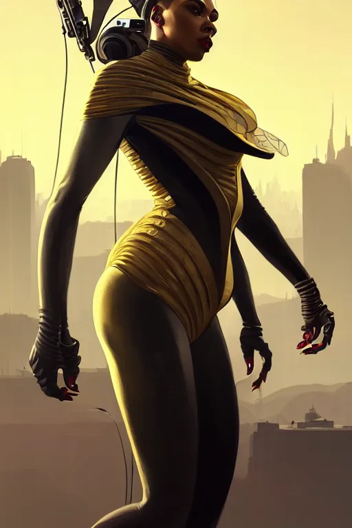 Prompt: gta 5 queen bee profile picture by greg rutkowski, dynamic pose, intricate, futuristic, fantasy, elegant, by stanley artgerm lau, greg rutkowski, thomas kindkade, alphonse mucha, loish, norman rockwell, fantasy lut, asymmetric, long hair, retro computer graphics, video game, fluid lines,