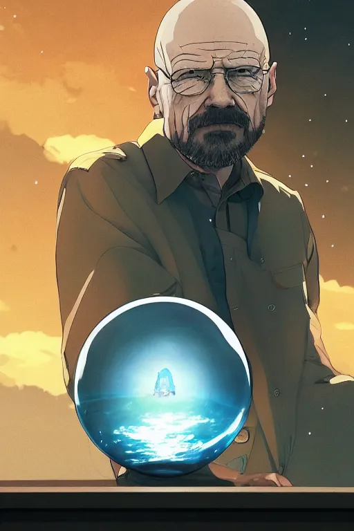 Image similar to walter white floating inside a glimmering crystal ball, high intricate details, rule of thirds, golden ratio, cinematic light, 8 k, octane render, anime style, graphic novel by fiona staples and dustin nguyen, art by beaststars and orange, peter elson, alan bean, studio ghibli, makoto shinkai