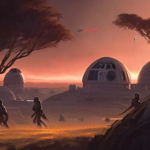 Image similar to star wars concept art by greg rutkowski, brutalist looking domes in the middle of a savannah landscape, cinematic sunset lighting, dramatic atmosphere.