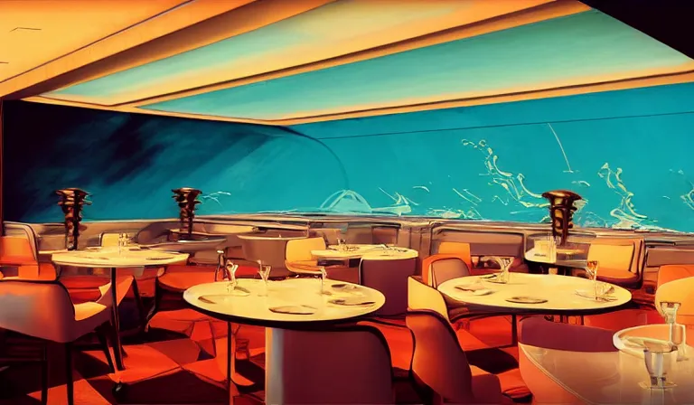 Image similar to a beautiful, sharp focus, clean lines. the interior of an art deco undersea restaurant. vaporwave ombre rendering. outrun style. trending on artstation. recommended for you behance. by chris moore. by edward hopper. ambient occlusion. digital matte painting. metropolis filmic. gotham city.