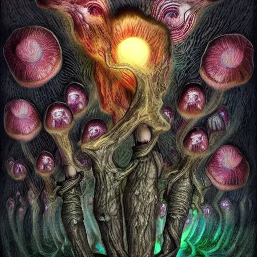 Image similar to the dark and ominous mushroom spirit tribe that wants you to bite off your own tongue so they can keep it for themselves, in a psychedelic darkfantasy style by amanda sage and anton semenov