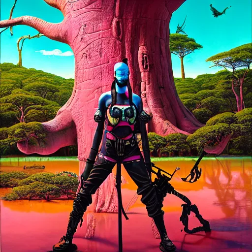 Image similar to a zulu cyberpunk hunter near a pink lake with a giant baobab tree in the middle by thomas blackshear and android jones in a surreal portrait style, oil on canvas, 8k resolution.