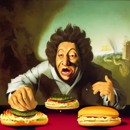 Prompt: surreal grotesque kitsch low-brow Rob Schneider emerging from deep shadows eating hamburgers, extra onions and ketchup, luscious patty with sesame seeds, figure in the darkness, serving big macs, french fry pattern ambience, Francisco Goya, painted by John Singer Sargant, Adrian Ghenie, style of Francis Bacon, highly detailed, 8k, trending on artstation