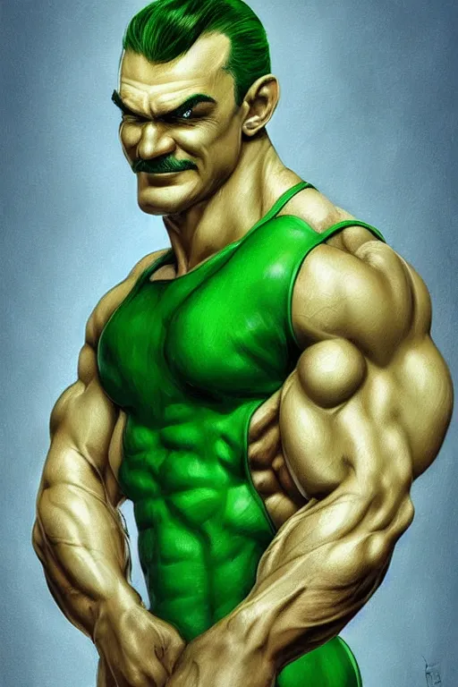 Image similar to muscular luigi wearing a green jumpsuit by ilya kuvshinov, bodybuilder ernest khalimov, super mario bros symmetrical face concept art, hyper realistic, intricate, elegent, highly detailed, digital painting, concept art, smooth, sharp, focus, illustration, art by artgerm and greg rutkowski and alphonse mucha, artstation