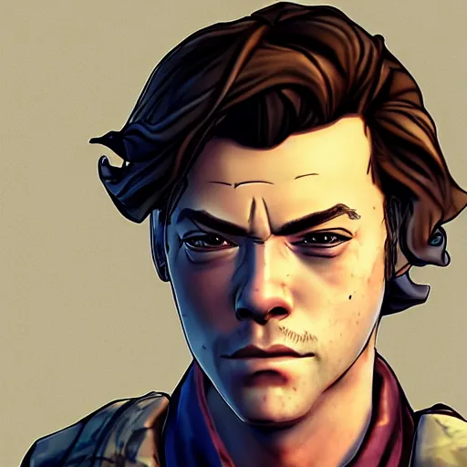 Image similar to harry styles portrait, borderlands, tales from the borderlands, the wolf among us, comic, cinematic lighting, studio quality, 8 k