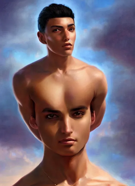 Image similar to magic realism portrait of a handsome young latino gang member in san diego, art by manuel sanjulian and tom bagshaw and boris vallejo, hyperrealism, artstation