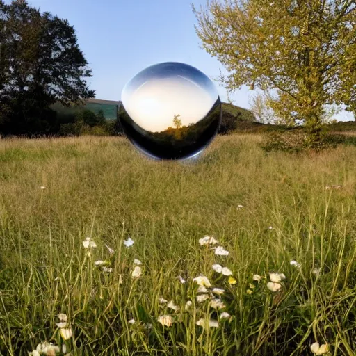 Prompt: standing in a field with a house in the distance, a small stream flowing through the field, standing inside a giant sphere