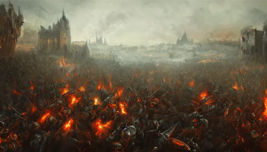 Prompt: 1 7 0 0's painting of huge war between knights and zombies in england, burning castle, hyperdetailed, artstation, cgsociety, 8 k