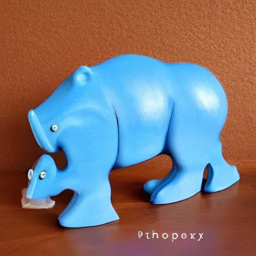 Image similar to expertly crafted etsy kids wooden hippopotamus expertly fused with blue epoxy. part of the hippo is made of blue epoxy. with a white photographers background.