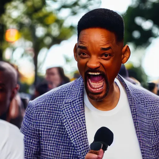 Prompt: will smith screaming at chris rock, canon eos r 3, f / 1. 4, iso 2 0 0, 1 / 1 6 0 s, 8 k, raw, unedited, symmetrical balance, wide angle