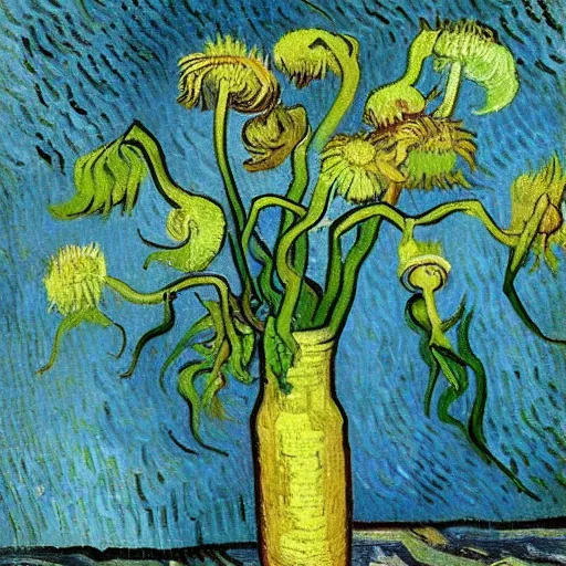 Image similar to Fiddleheads, painted by Vincent Van Gogh (1890), oil on canvas, detailed brushstrokes